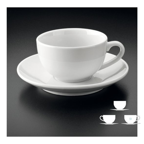 Weiße Porzellan-Kaffeetassen und Untertassen